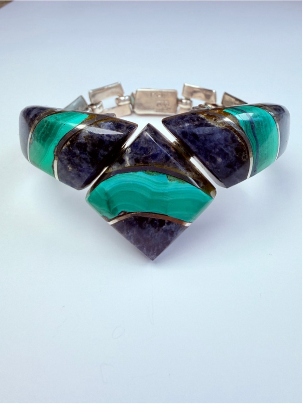 Taxco Malachite & Sodalite 950 Sterling Silver Masterpiece VTG Bracelet Mexico